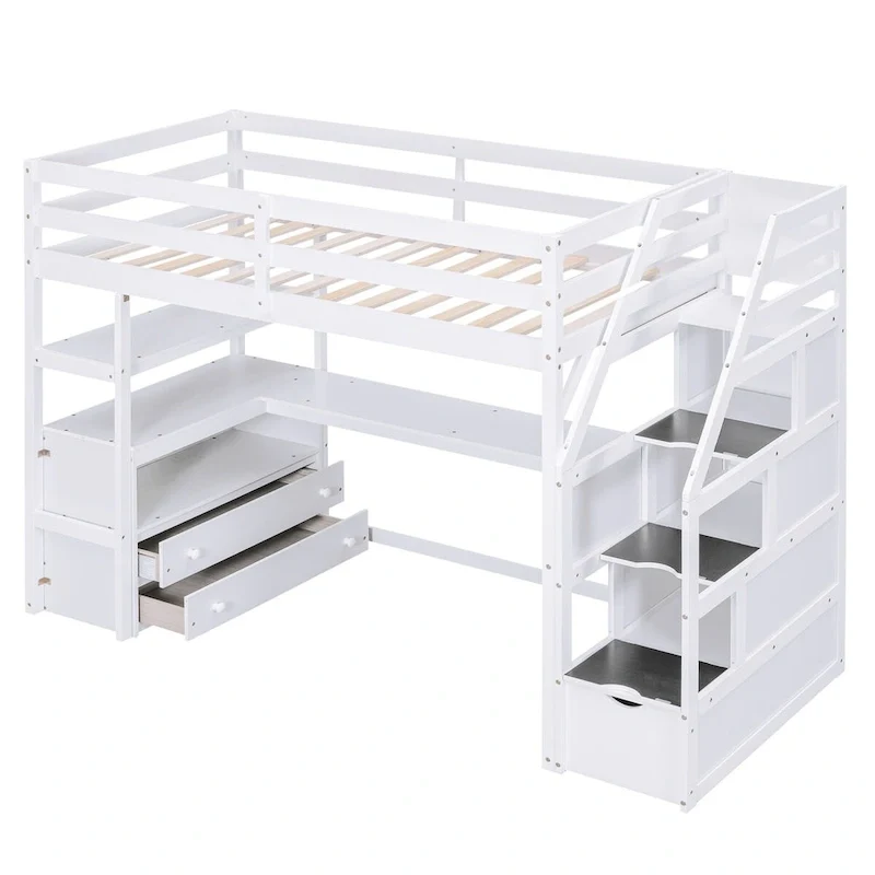 Twin Size Loft Bed with Desk and Shelves