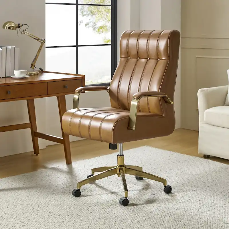 Mid-Century Modern Vegan Leather Swivel Tilting Office Chair with Channel Tufted and Metal Feet